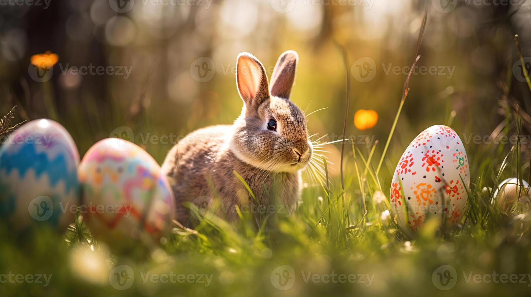 decorado huevos y linda Conejo en soleado primavera prado con desenfocado resumen luces, generativo ai foto