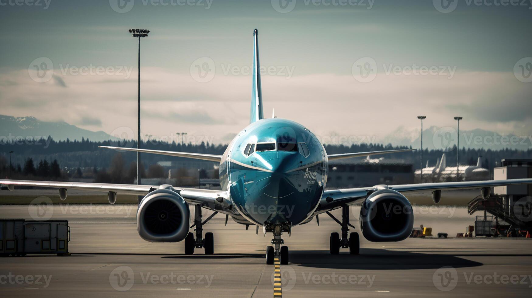 avión a el terminal portón Listo para quitarse - moderno aeropuerto durante puesta de sol - concepto de emocional viaje alrededor el mundo, generativo ai foto