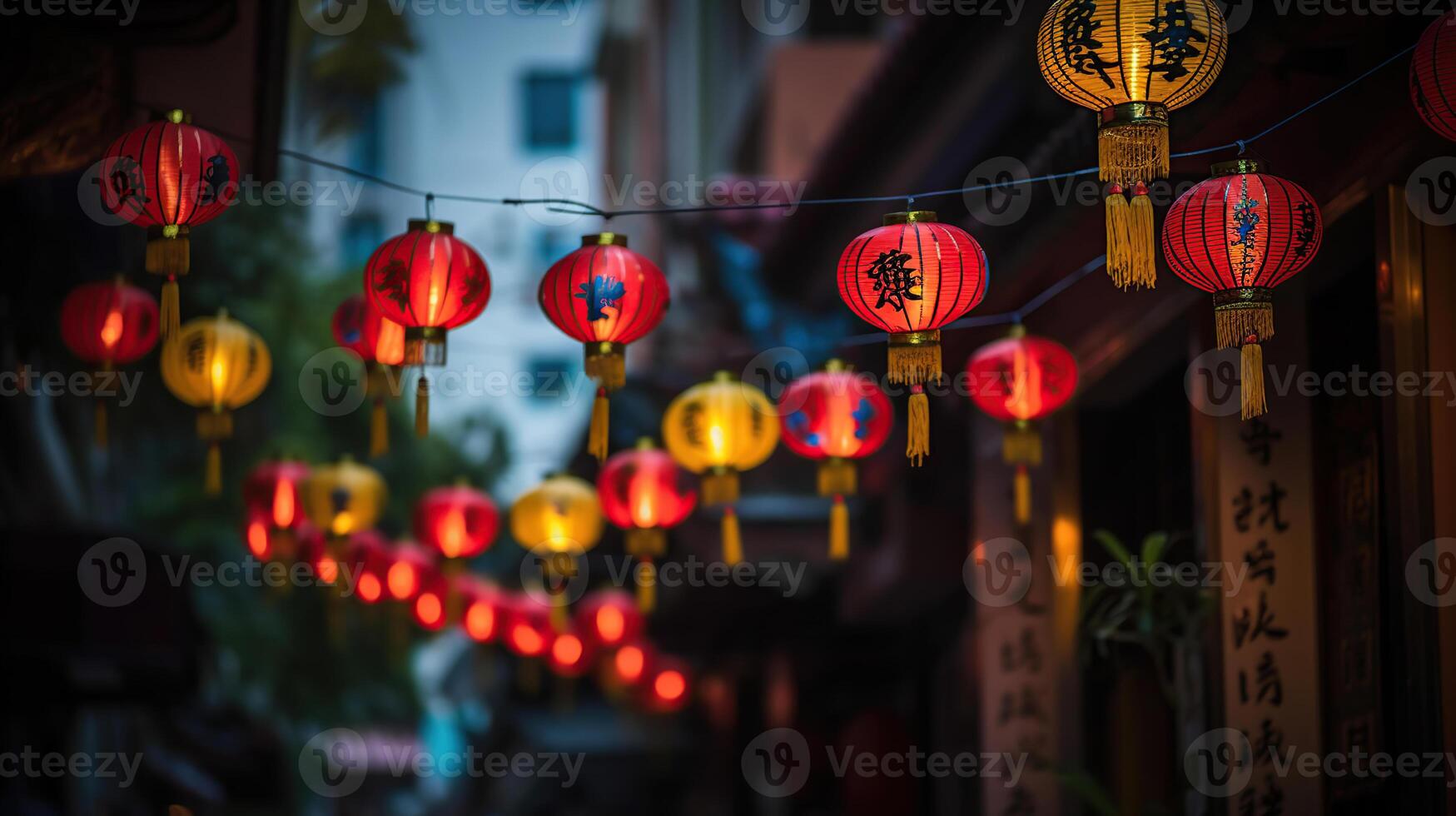 chino nuevo año linternas en China ciudad, generativo ai foto