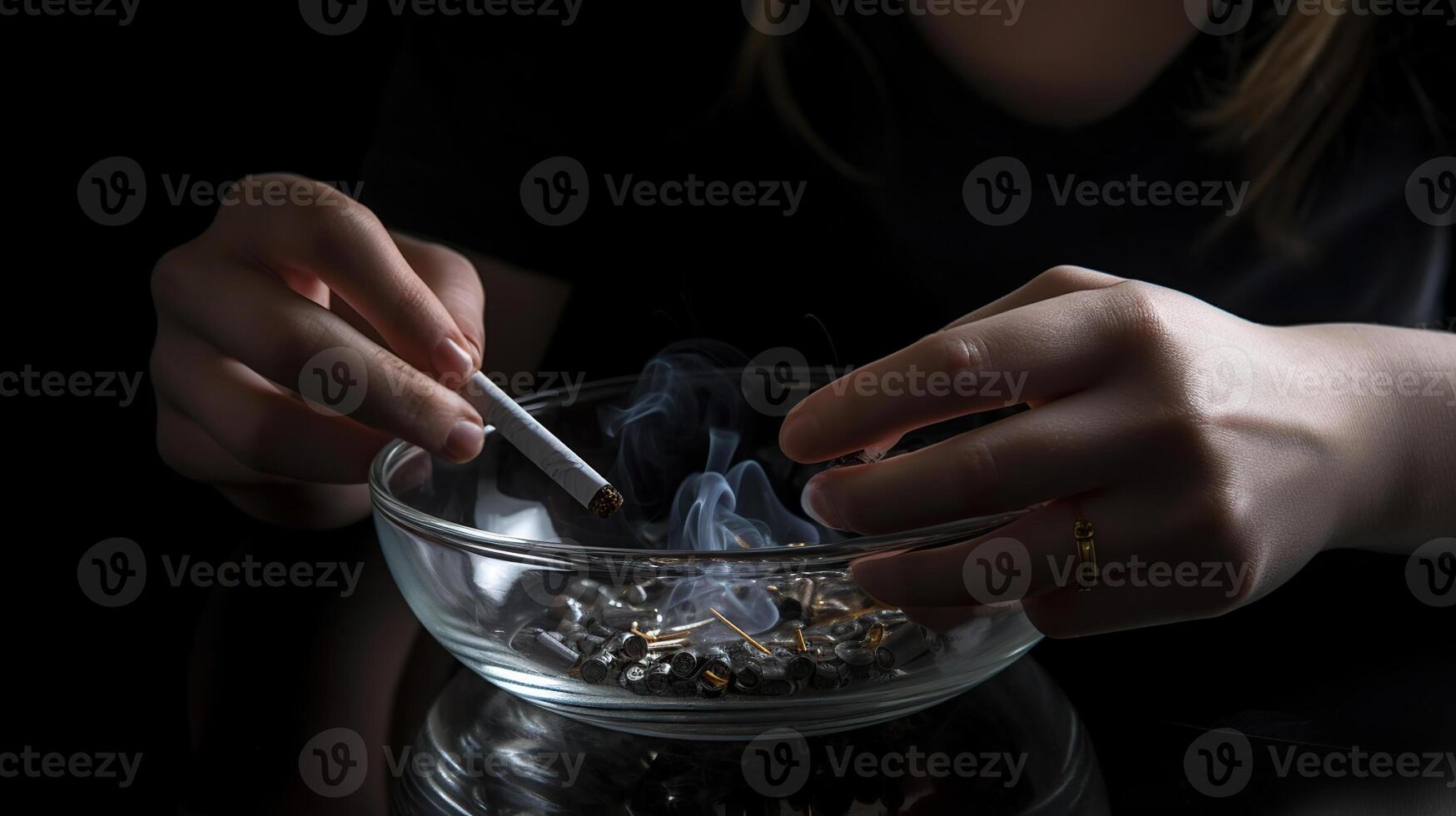 Woman holding smoldering cigarette over glass ashtray at grey table against black background, photo