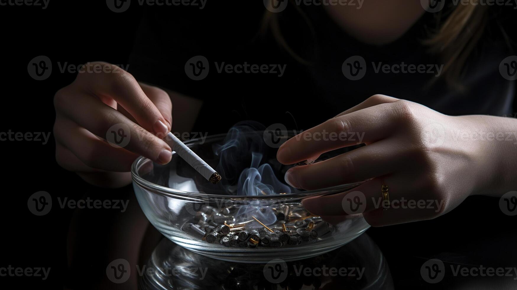 mujer participación latente cigarrillo terminado vaso cenicero a gris mesa en contra negro fondo, generativo ai foto