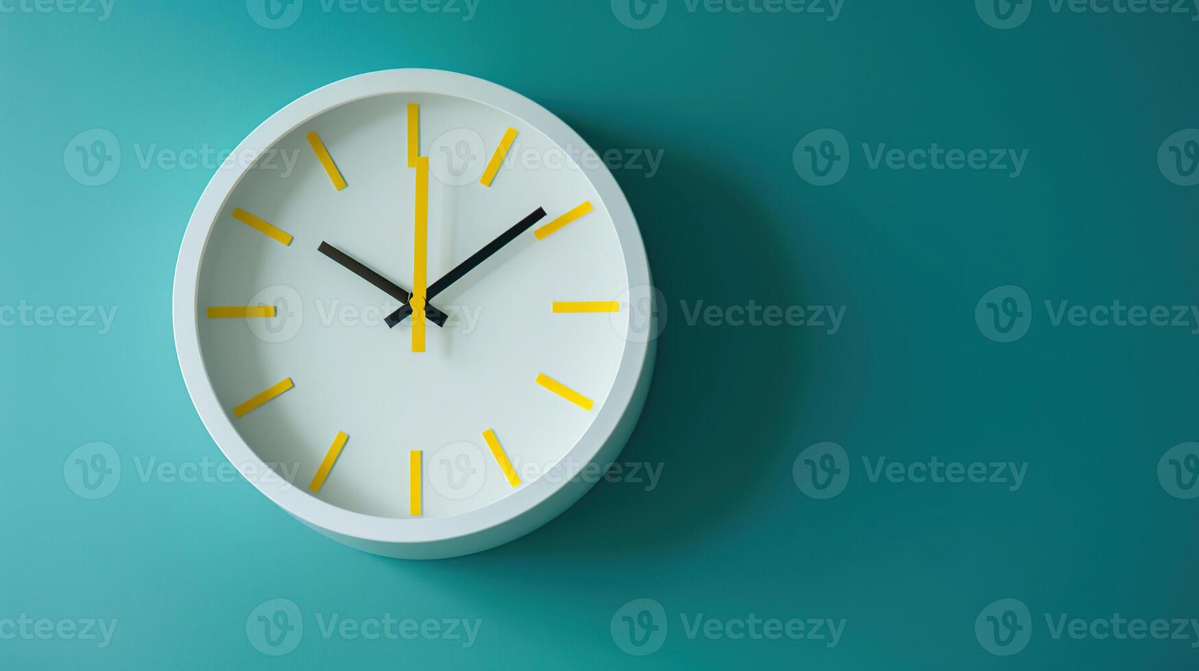 White wall clock with yellow second hand hanging on the wall. Minimalist flat lay image of plastic wall clock over blue turquiose background, photo