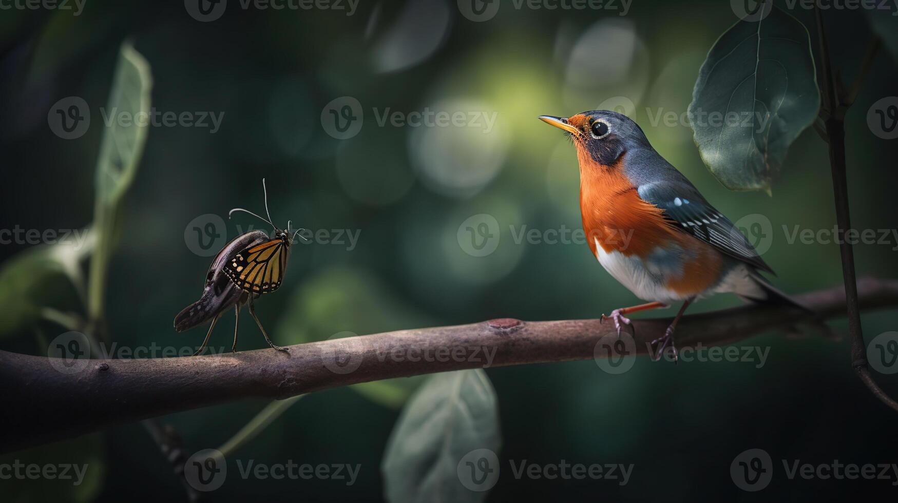 Beautiful background image of a wild robin with stunning colors and a monarch butterfly standing on a branch. Tiny and cute bird looking at a prey butterfly, photo