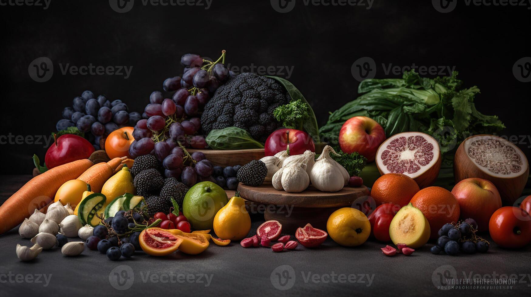 Fresh vegetables, fruits and seeds on black table, flat lay, photo
