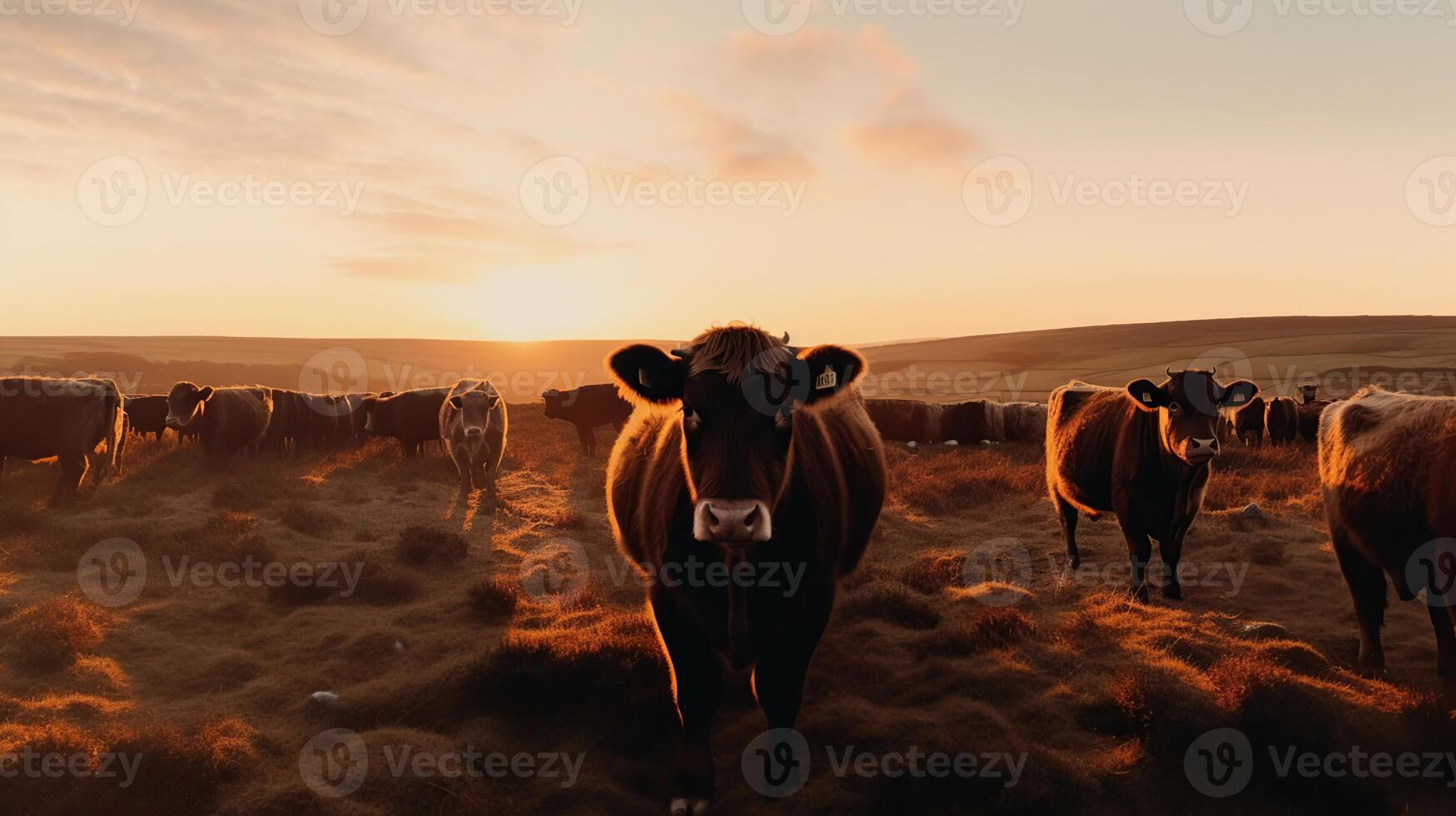 A herd of cows looking at the camera in meadow at sunset, photo