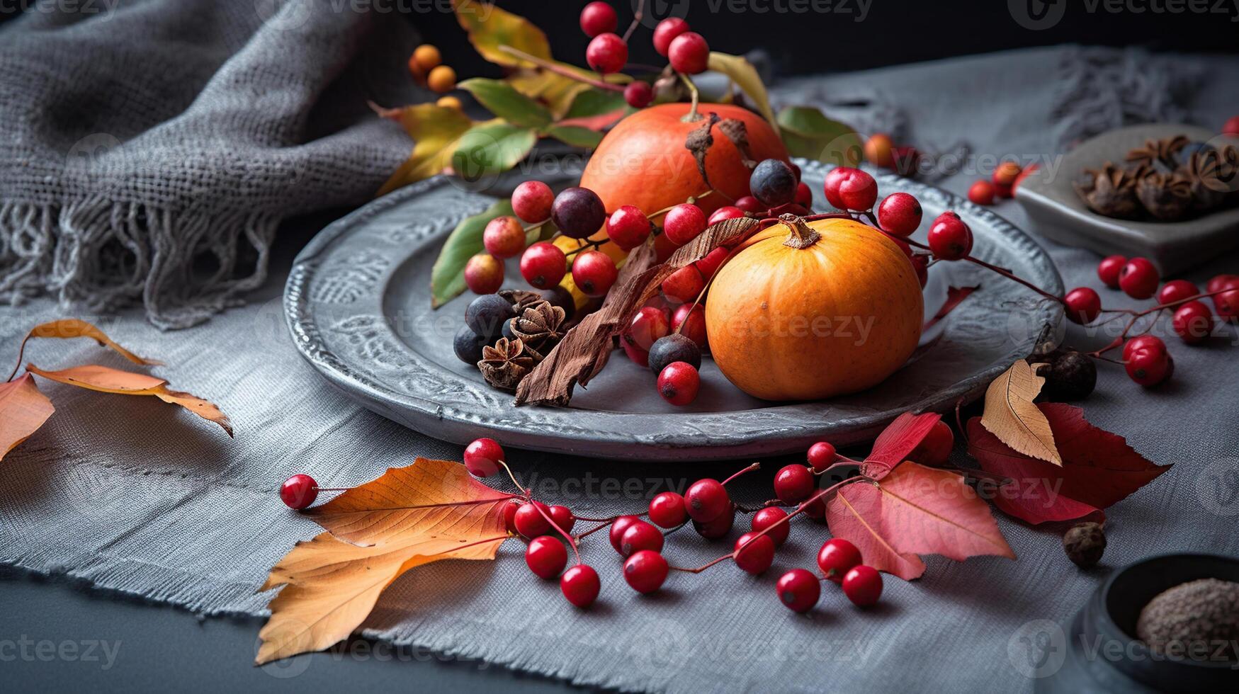 Closeup view of seasonal table setting with autumn leaves, pumpkins and ashberries on grey background, space for text. Thanksgiving Day, photo