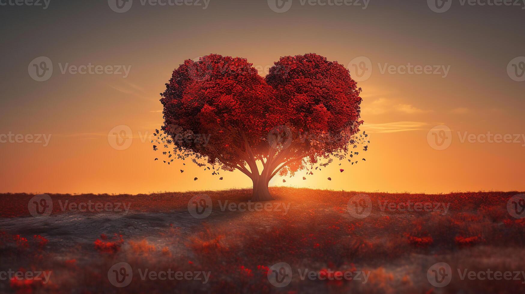 corazón árbol - amor para naturaleza - rojo paisaje a atardecer, generativo ai foto