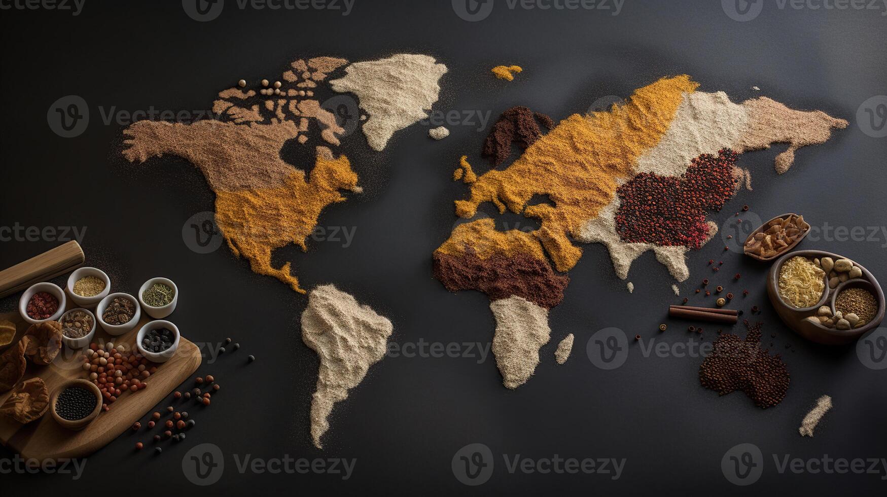 World map made of different spices on grey background, Top View, photo