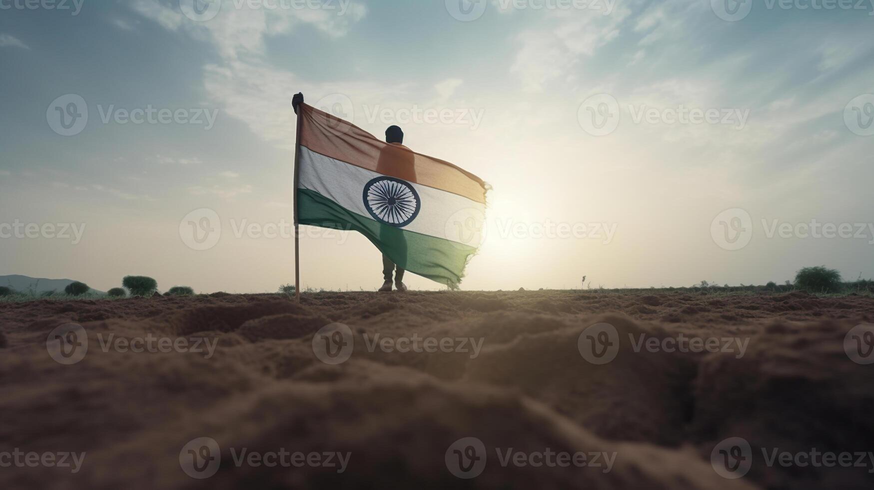 India flag being pushed into the ground by a male silhouette. 3D Rendering, photo