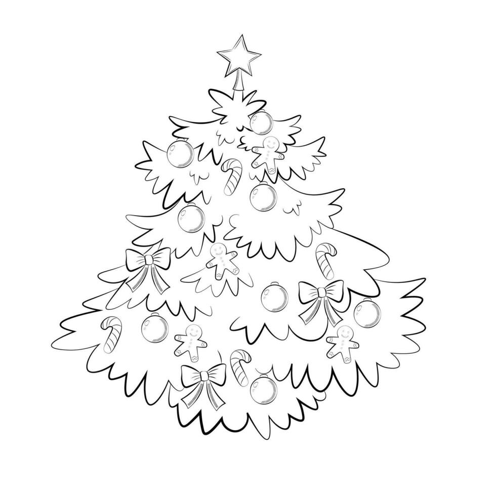 Decorated christmas tree line art isolated on white background. Vector illustration.