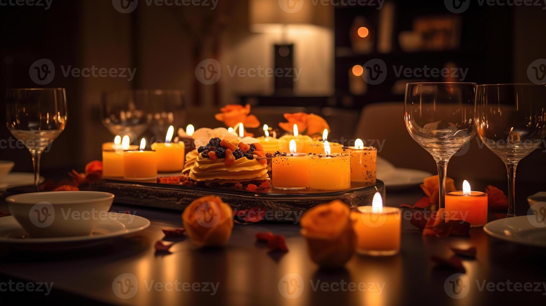 Lighted candles stand on the festive served dinner table, . photo