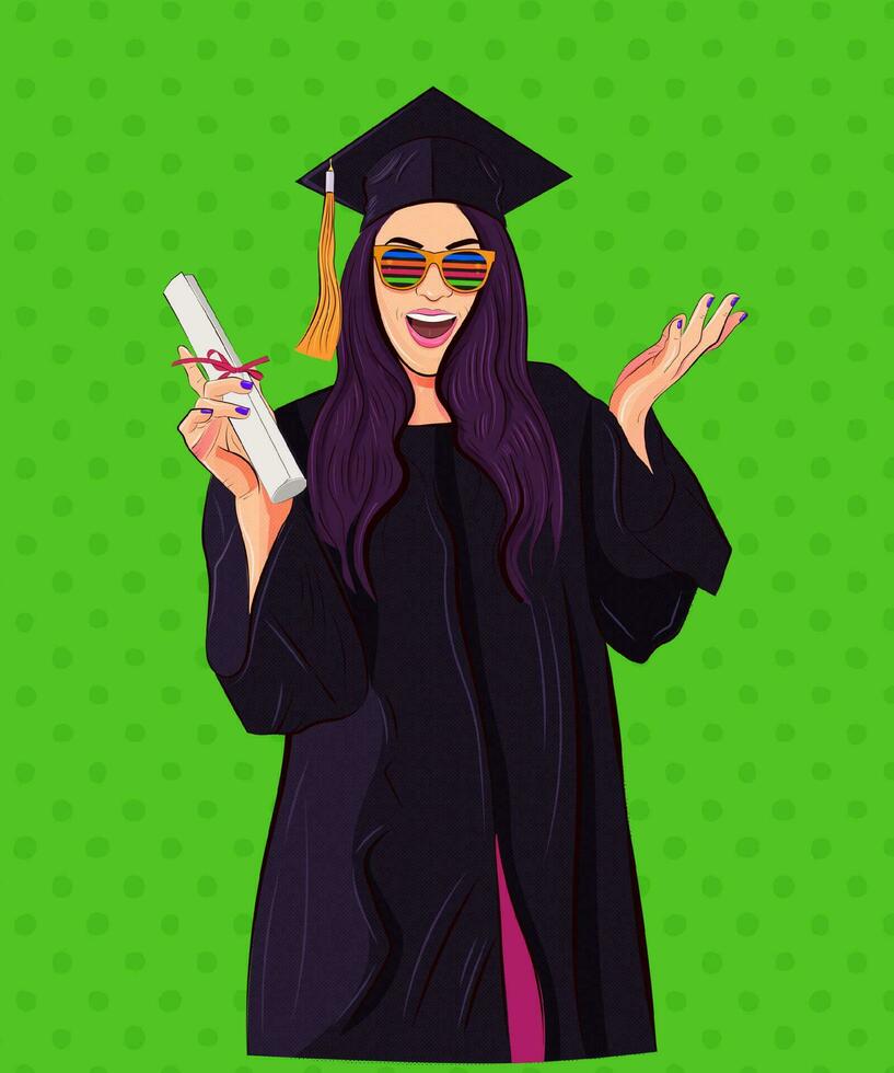 Pop art style graduate girl student wearing pop glasses, cap and graduation gown. Holds diploma in hand. Half tones included. vector