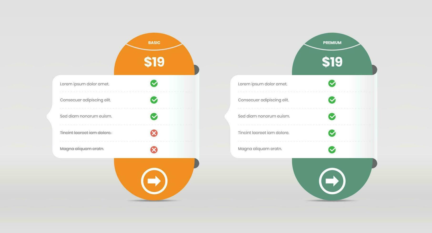 Pricing comparison overview table with checkpoint and abstract curve shape vector