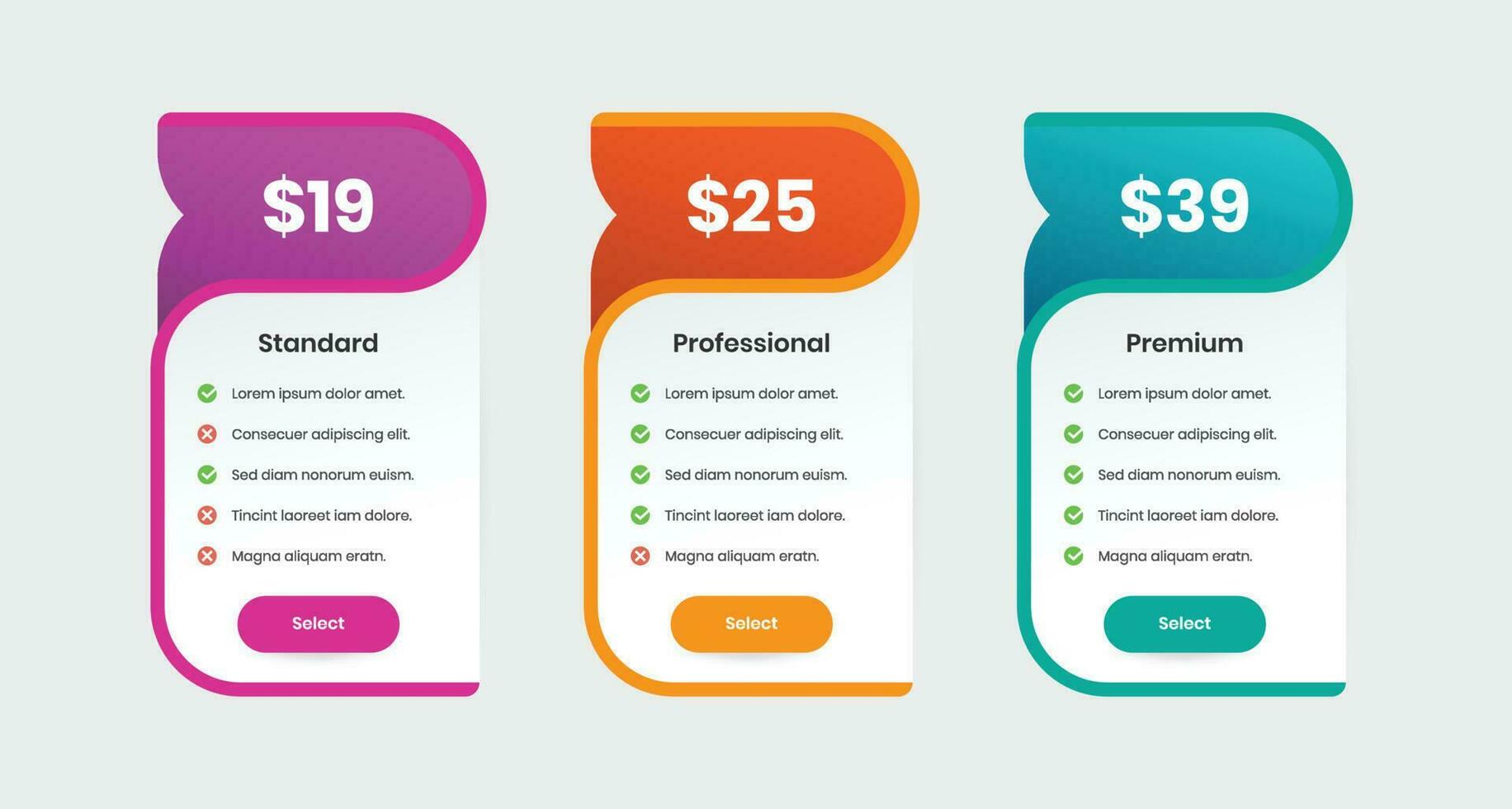 Modern minimalistic professional pricing comparison table design with abstract shape vector