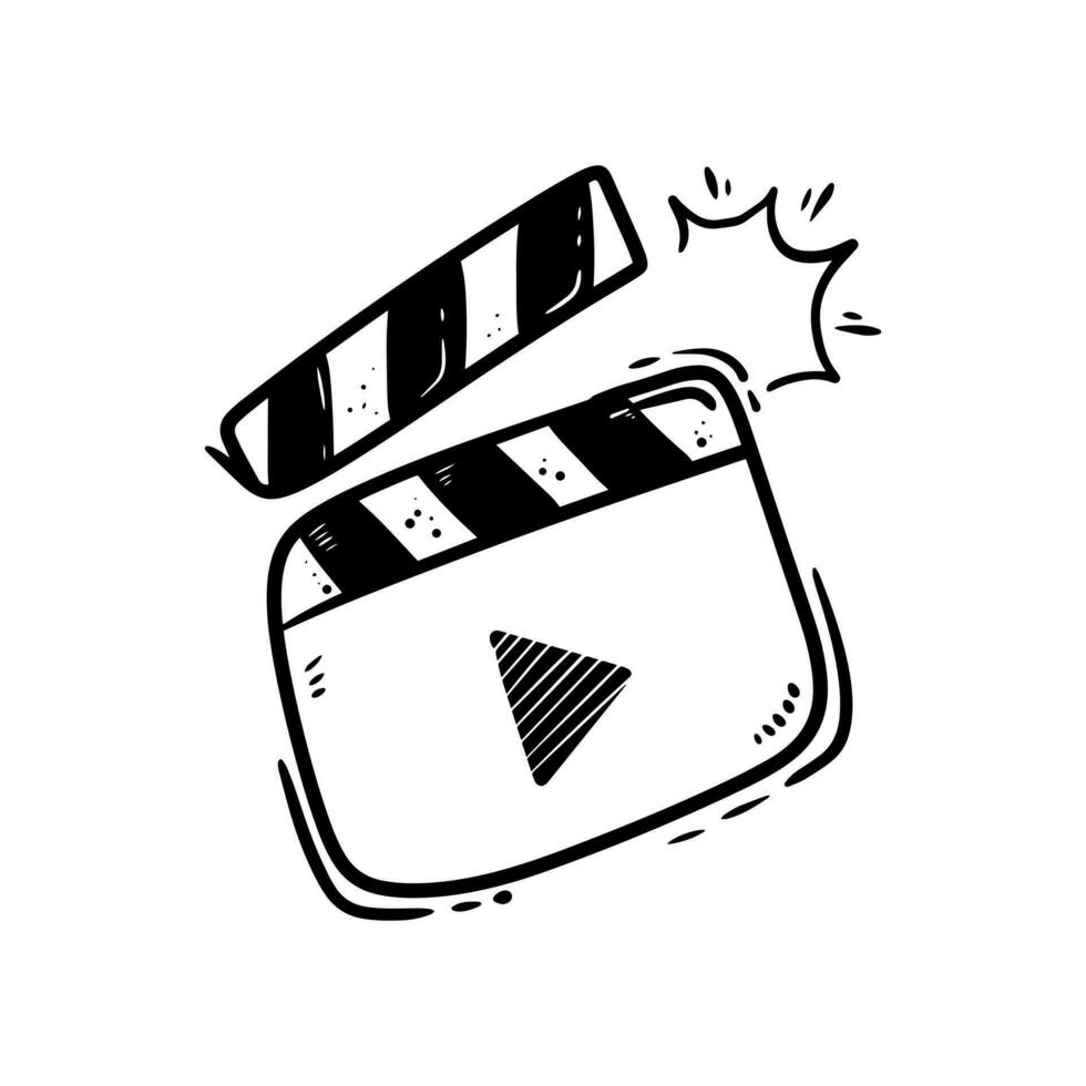 Movie clapperboard doodle icon. The board clap to start the video clip scene. vector