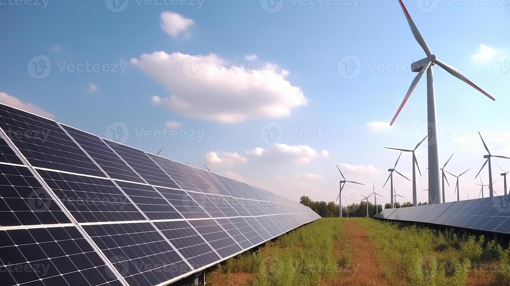 Solar panels wind turbines installed as renewable energy sources for electricity and power supply. Innovation and technology, environmental friendly energy. Solar farm under sunny day, photo