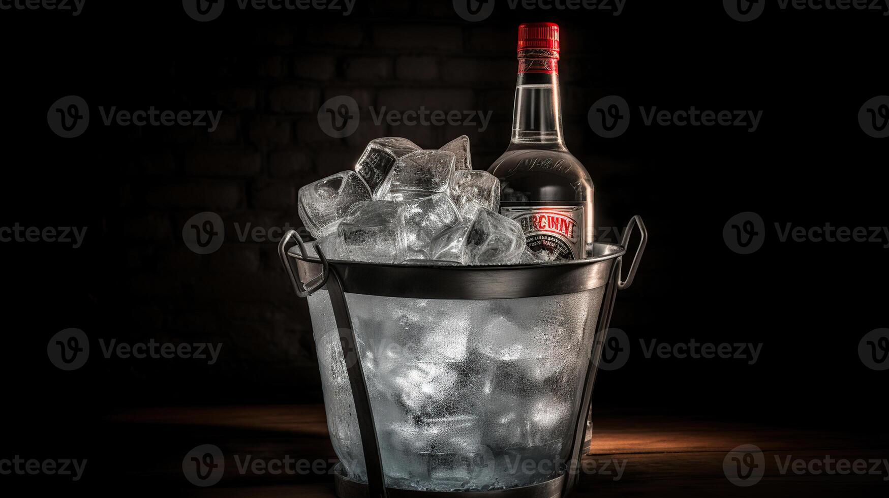 Bottle of cold vodka in bucket of ice on dark background, photo