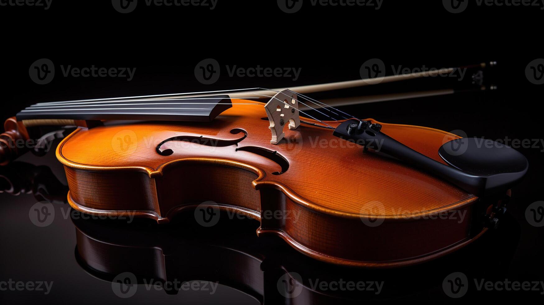 Classic violin and bow on black background, photo