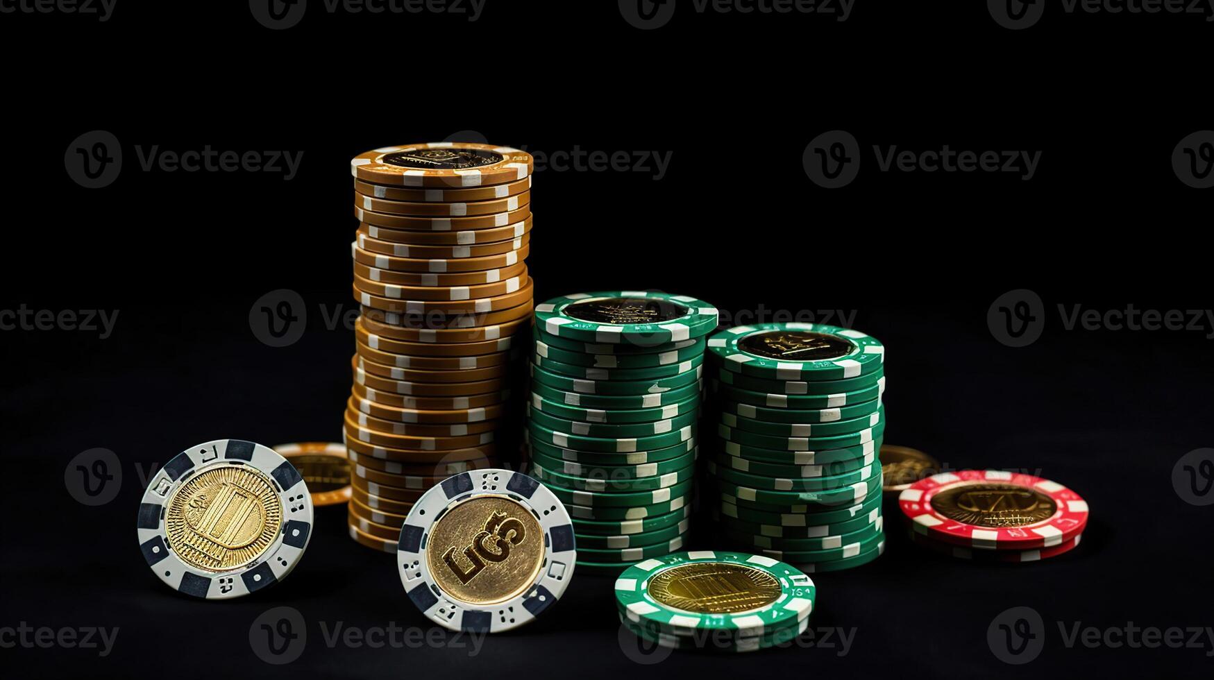 Bitcoin gold coin with poker chips on a green poker table against black background. Blockchain casino, photo