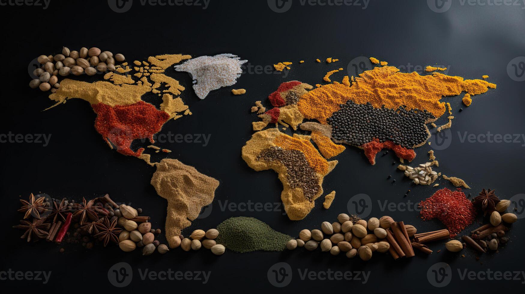World map made of different spices on grey background, Top View, photo