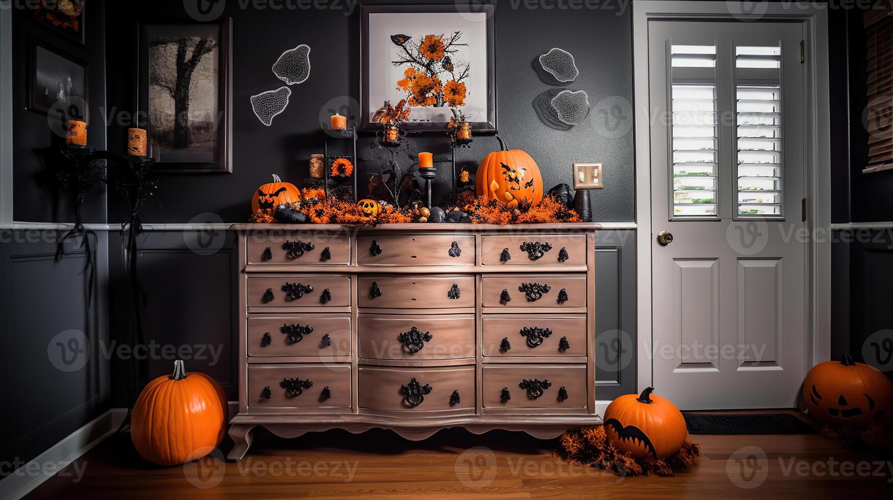 Interior of living room decorated for Halloween with door and chest of drawers, photo