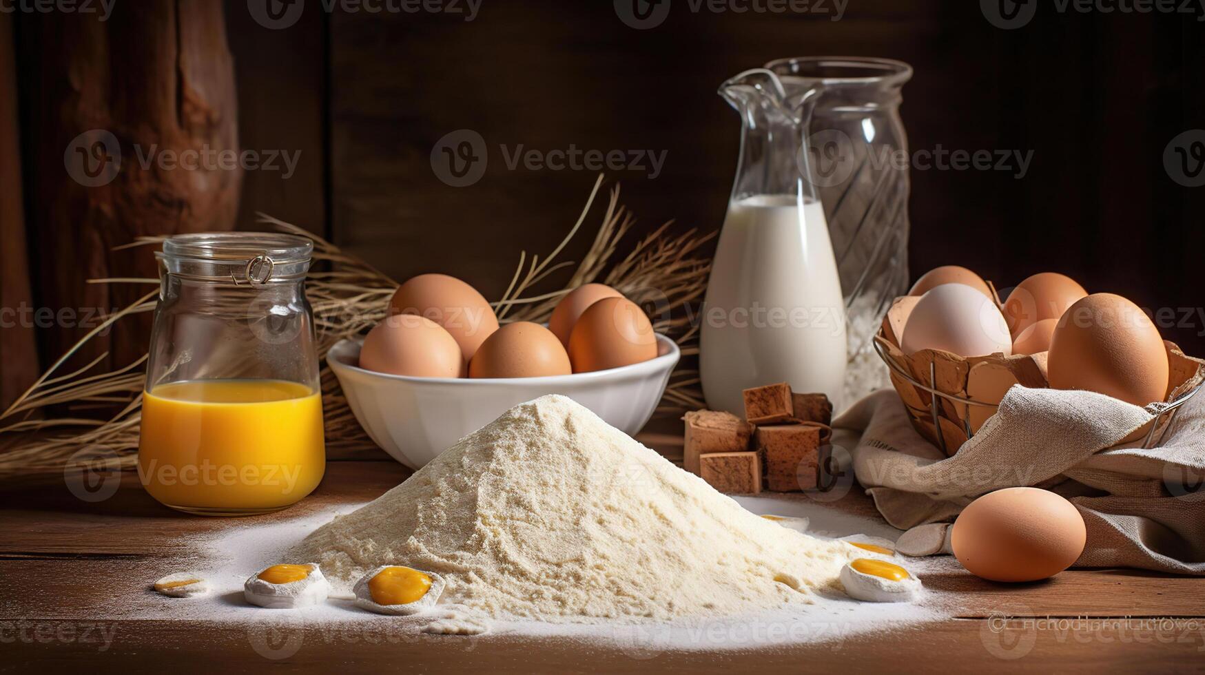 Fresco ingredientes para masa, harina, leche, huevos, vegetal aceite, generativo ai foto