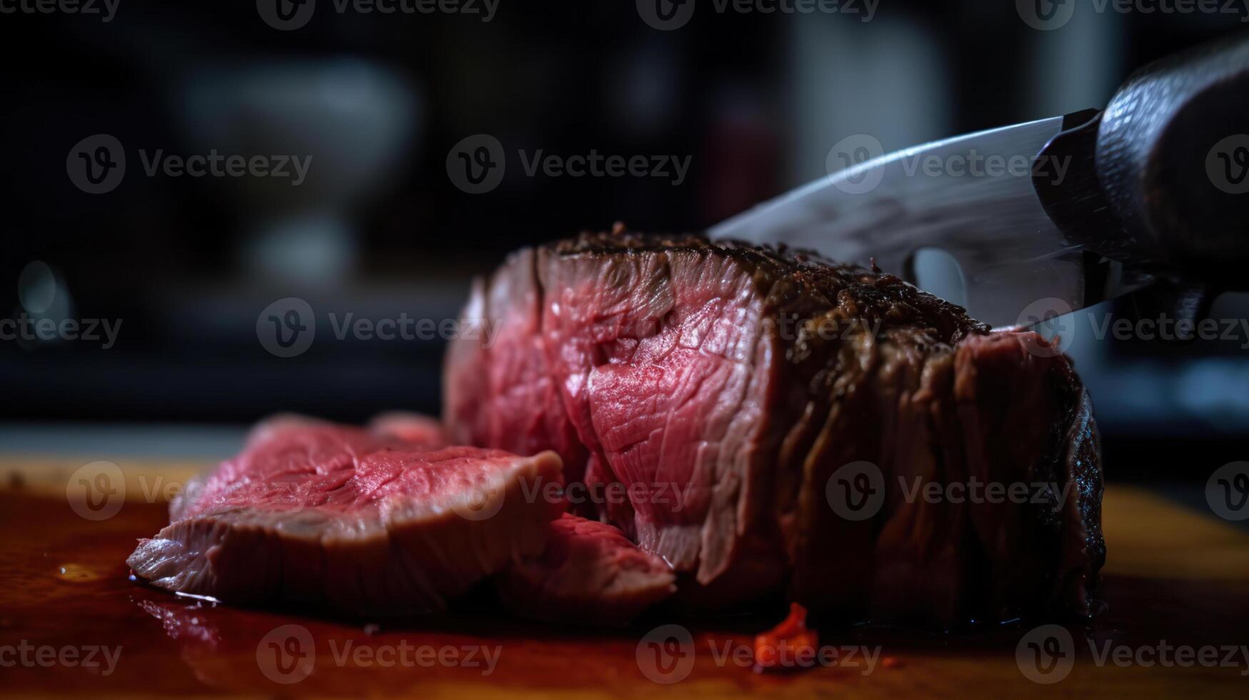 grilled steak with rosemary on a cutting board on a black background photo