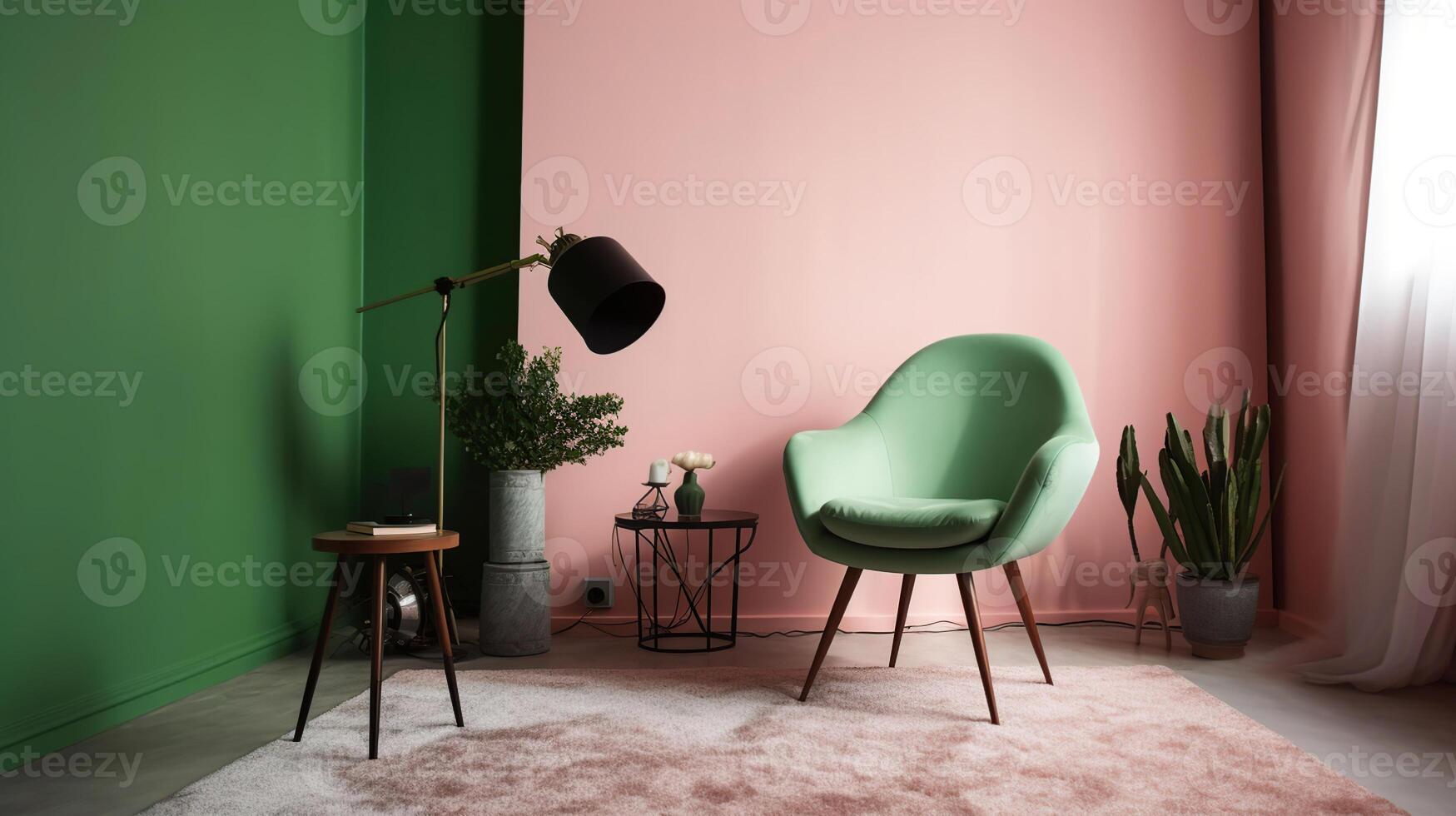 rosado habitación con verde sillón, alfombra y lado mesa, generativo ai foto