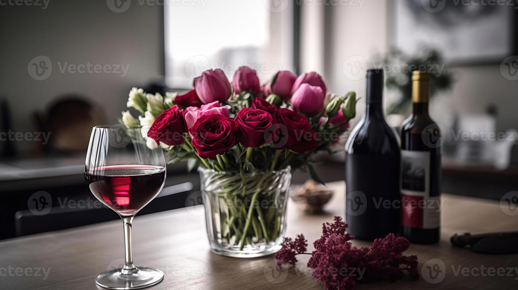 Vase with beautiful flowers, glasses of wine and gifts for Valentine's Day on table in kitchen, photo