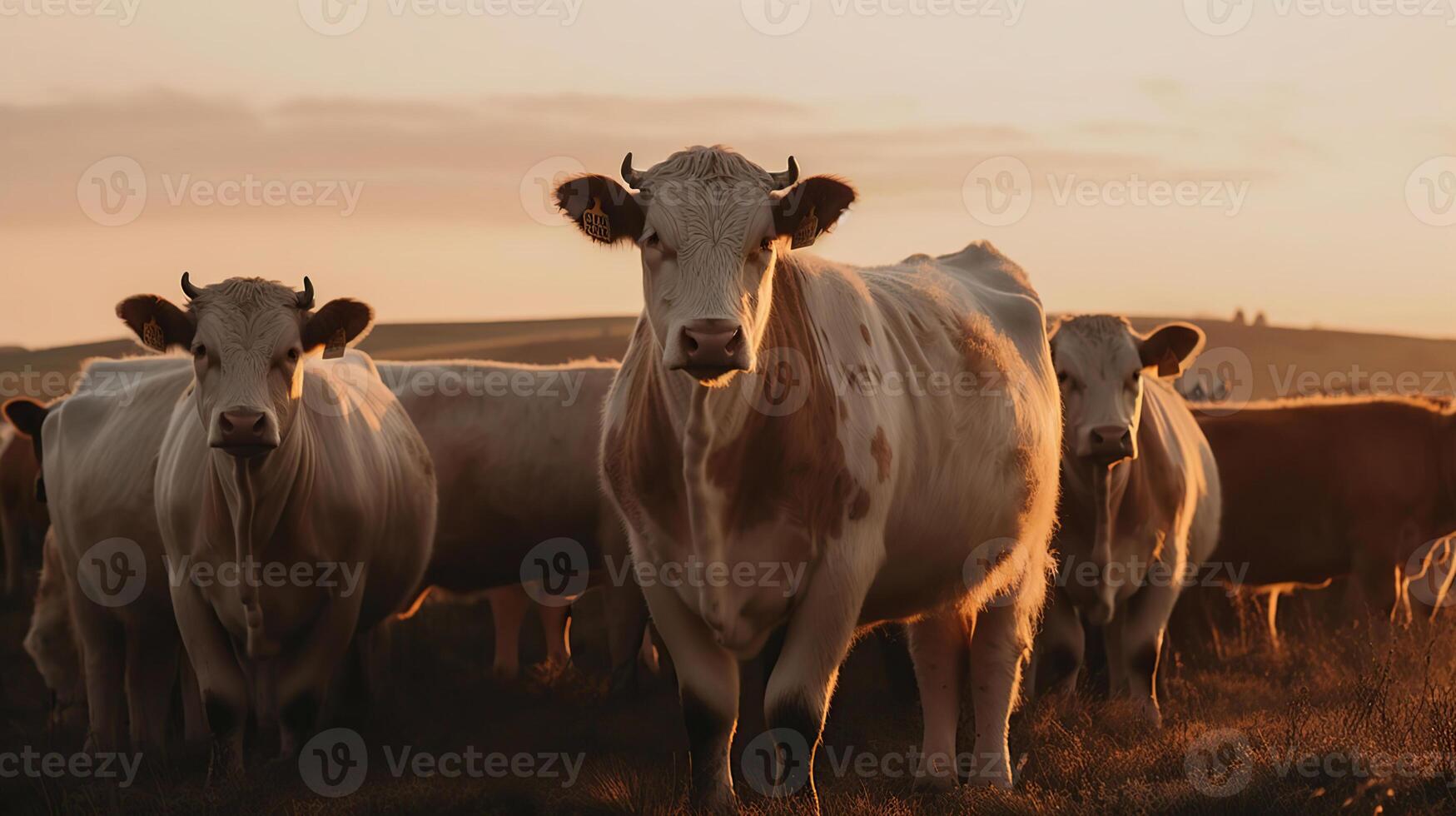 un manada de vacas mirando a el cámara en Orkney campo a atardecer, generativo ai foto