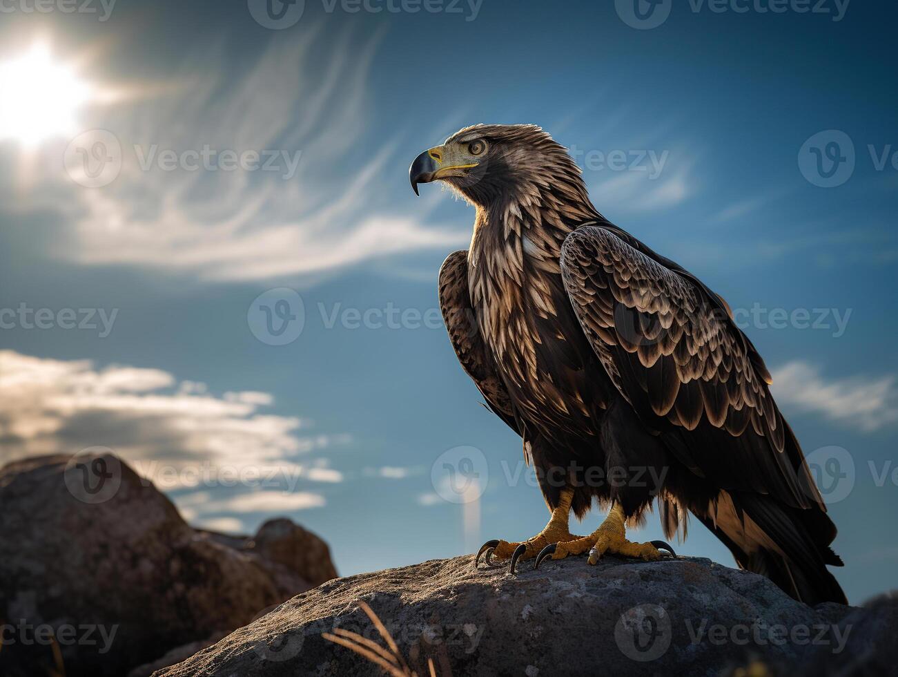 An eagle with golden feathers and blue eyes standing on a rock, with sunset background, photo