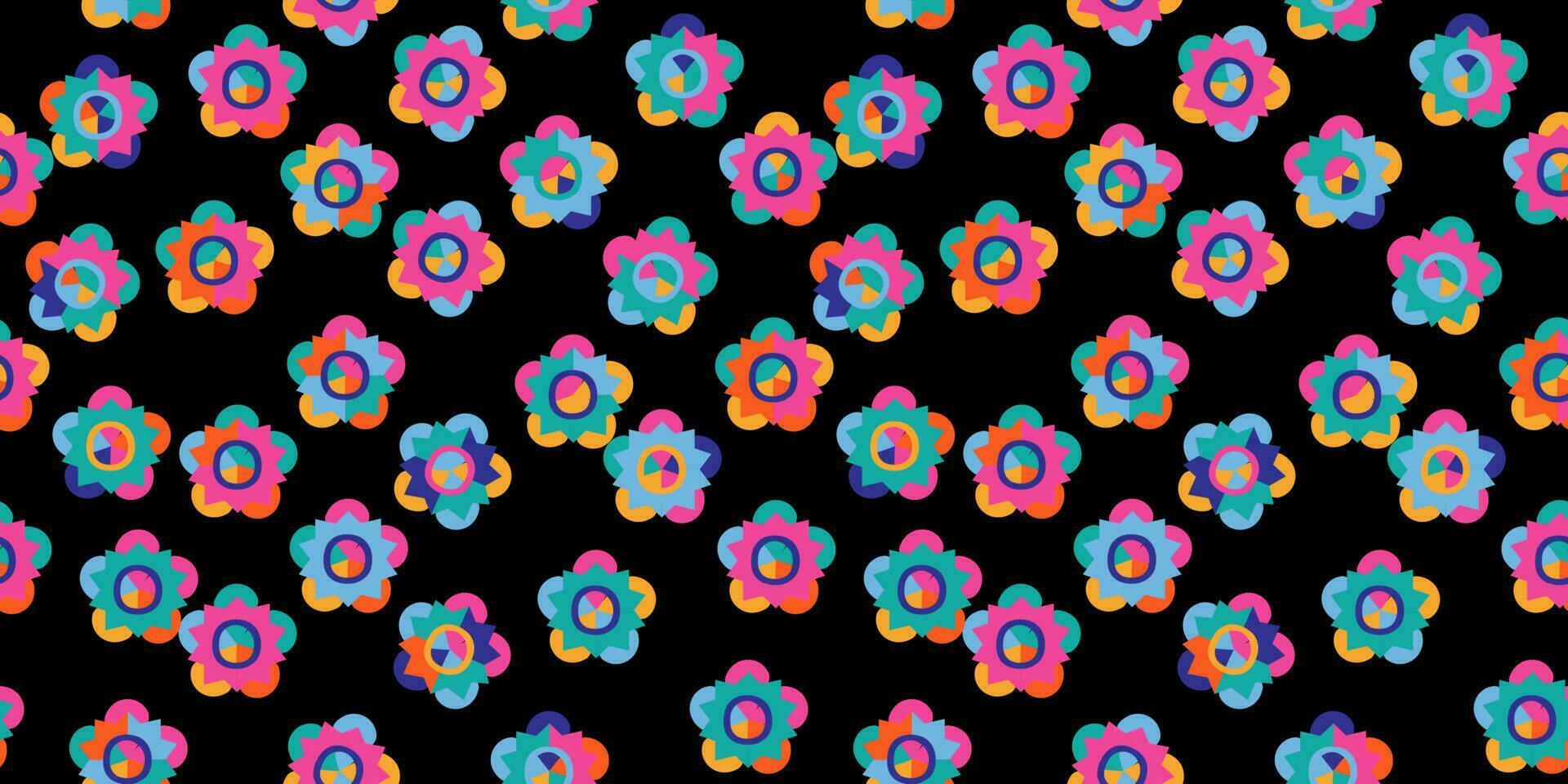 Retro geometric flowers seamless patterns for fabric, textiles, clothing, wrapping paper, cover, banner, interior decor, backgrounds. vector