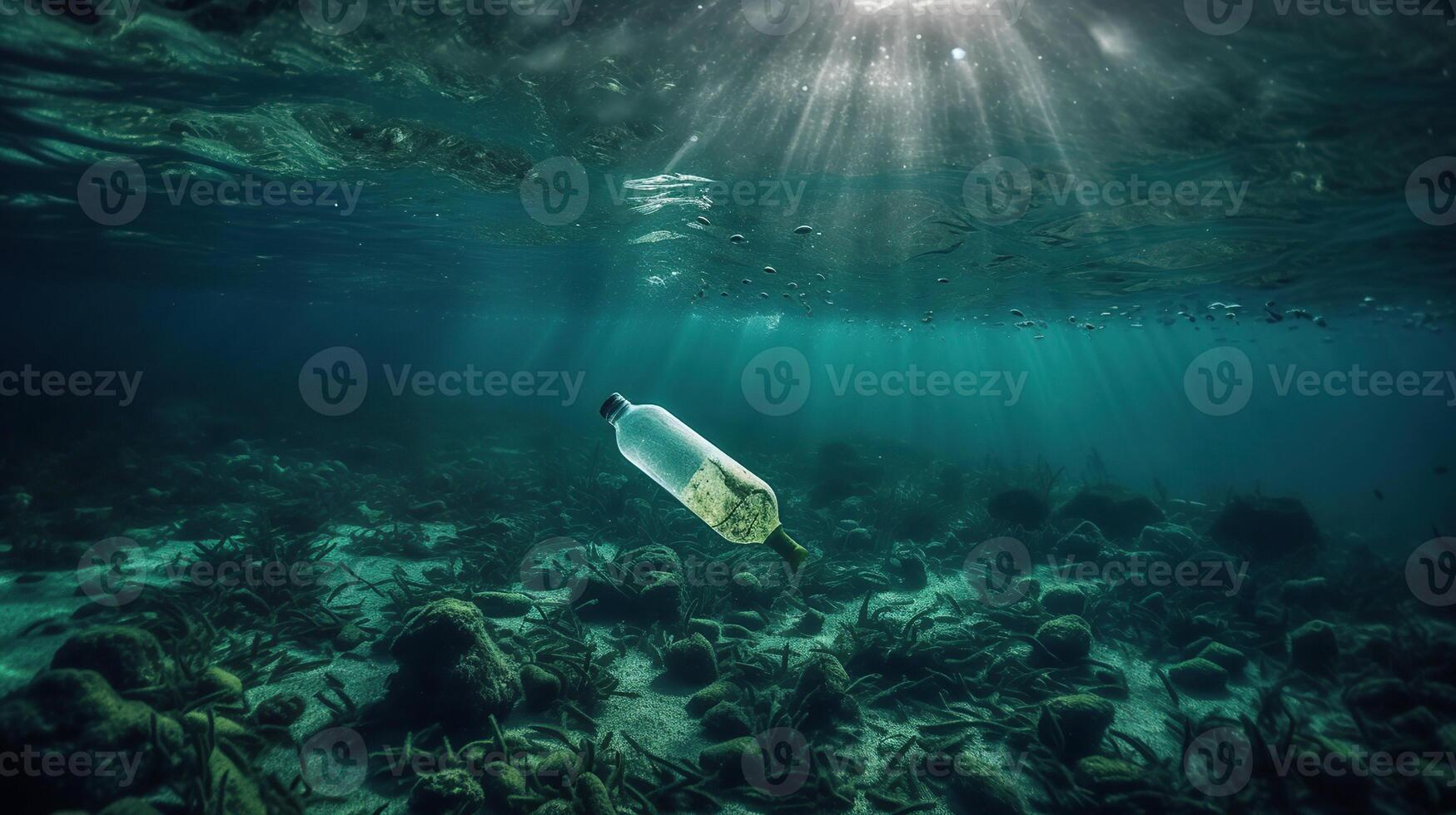 Bottle Plastic Pollution In Ocean - Underwater Shine With garbage Floating On Sea - Environmental Problem, photo