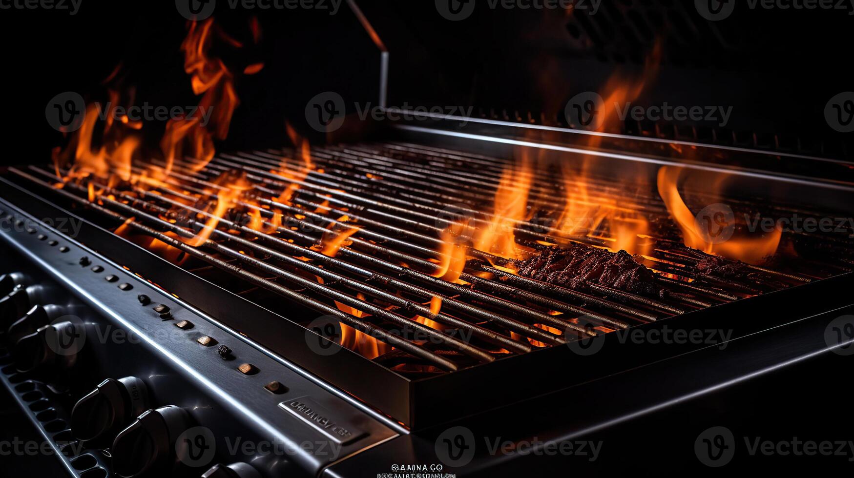 Barbecue Grill With Fire Flames - Empty Fire Grid On Black Background, , photo