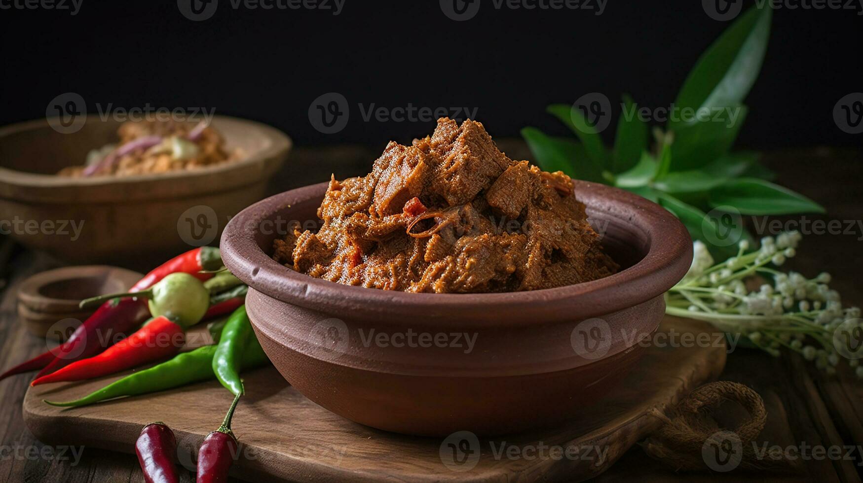 rendang es un indonesio Oeste Sumatra minangkabau picante carne ese lento cocido en Coco Leche y mezclado especias, generativo ai foto