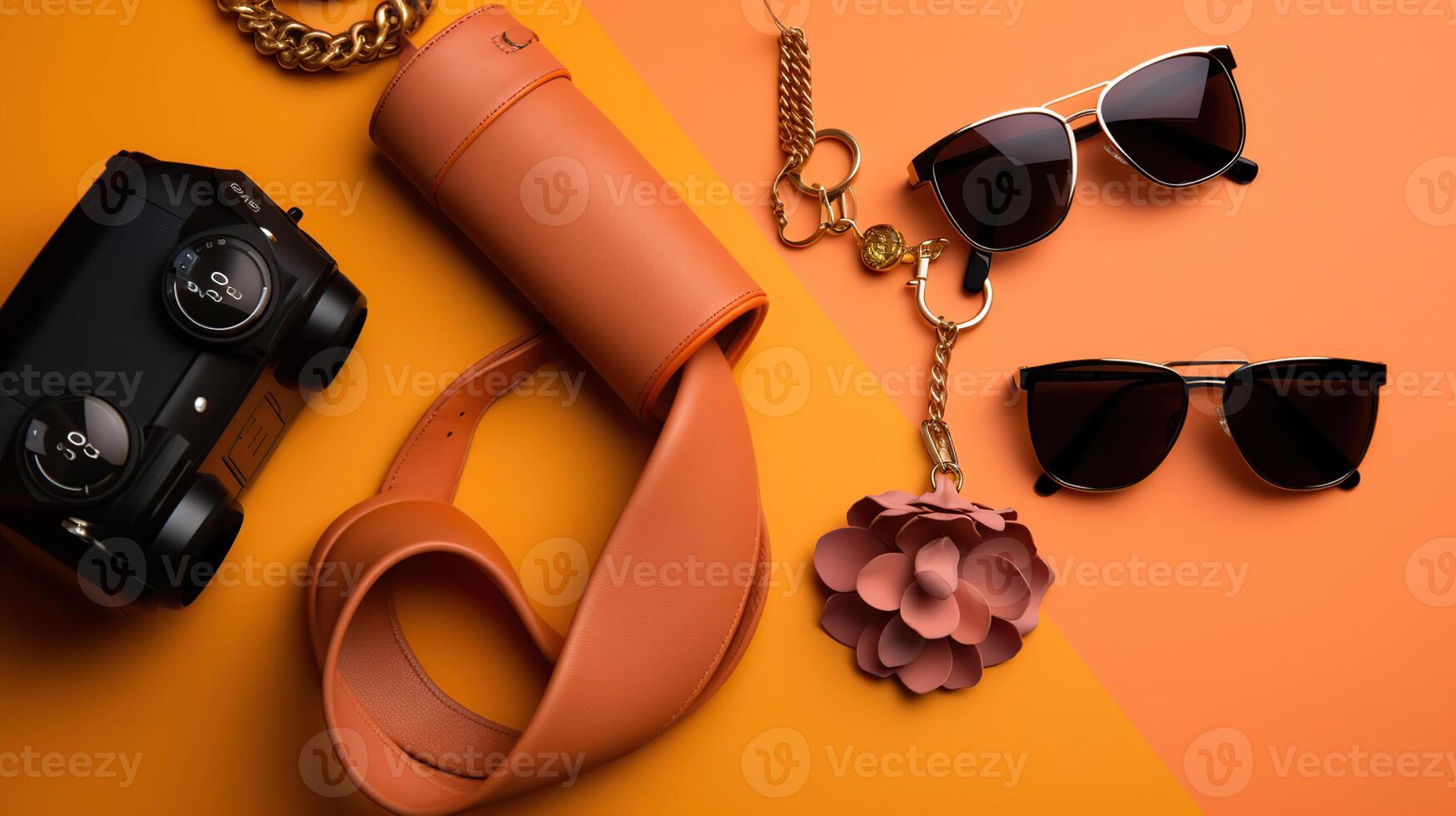 Different stylish female accessories on color background, closeup, photo