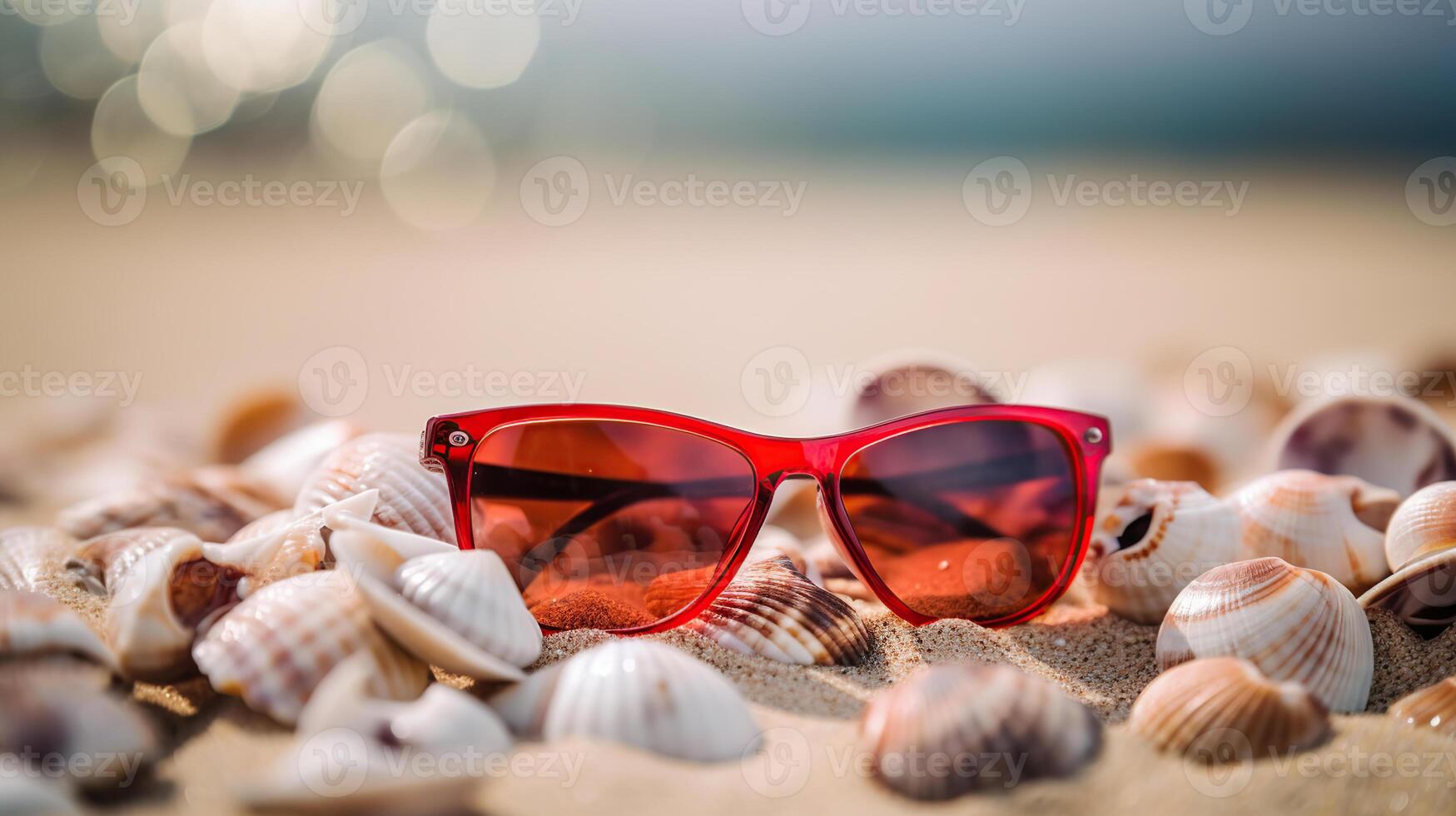 Sunglasses lying on tropical sand beach. party. white towel on desk and red glasses with seashells. Sunglasses on the beach. photo