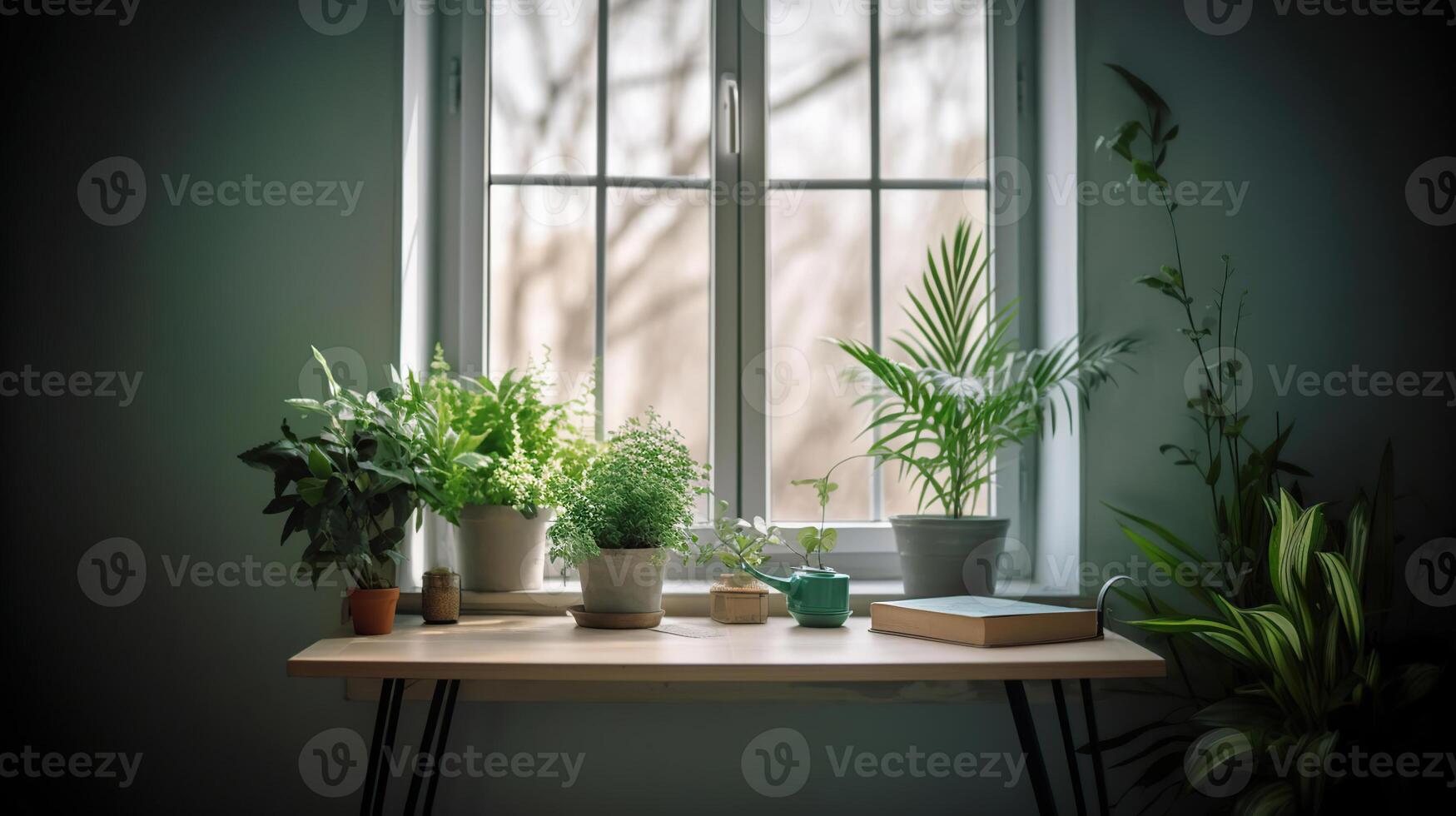 Desk of free space with spring flowers and background of window, photo