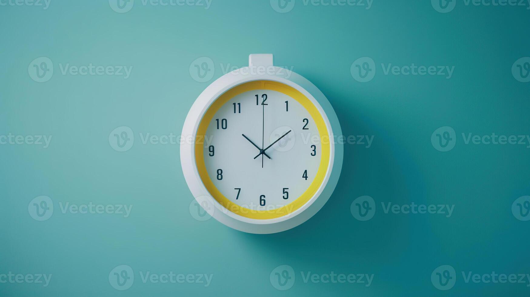 Minimalist flat lay image of plastic wall clock over blue turquiose background, photo