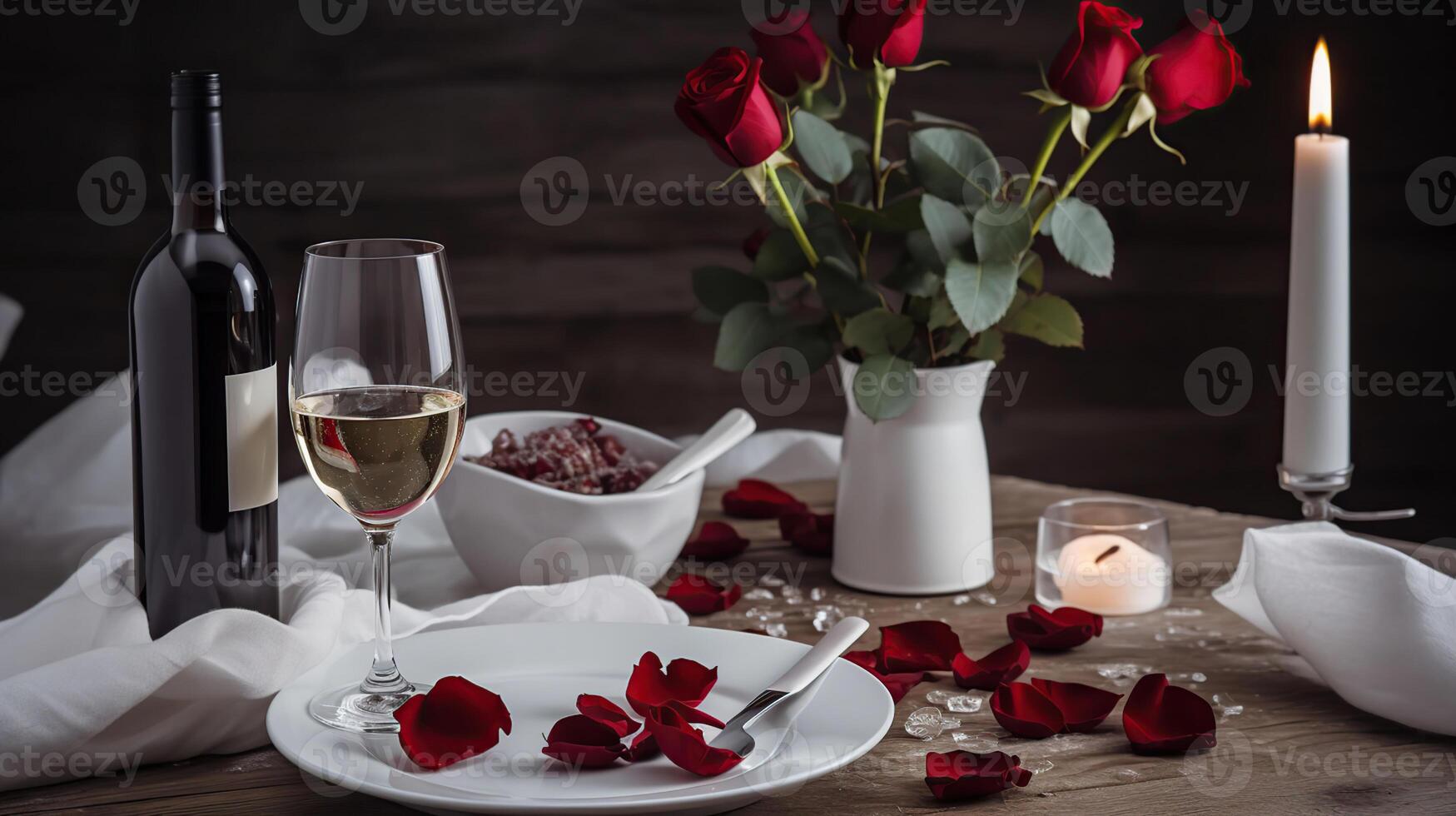 Valentines day dinner with table place setting with red gift, glass for champagne, a bottle of champagne, pink roses, photo