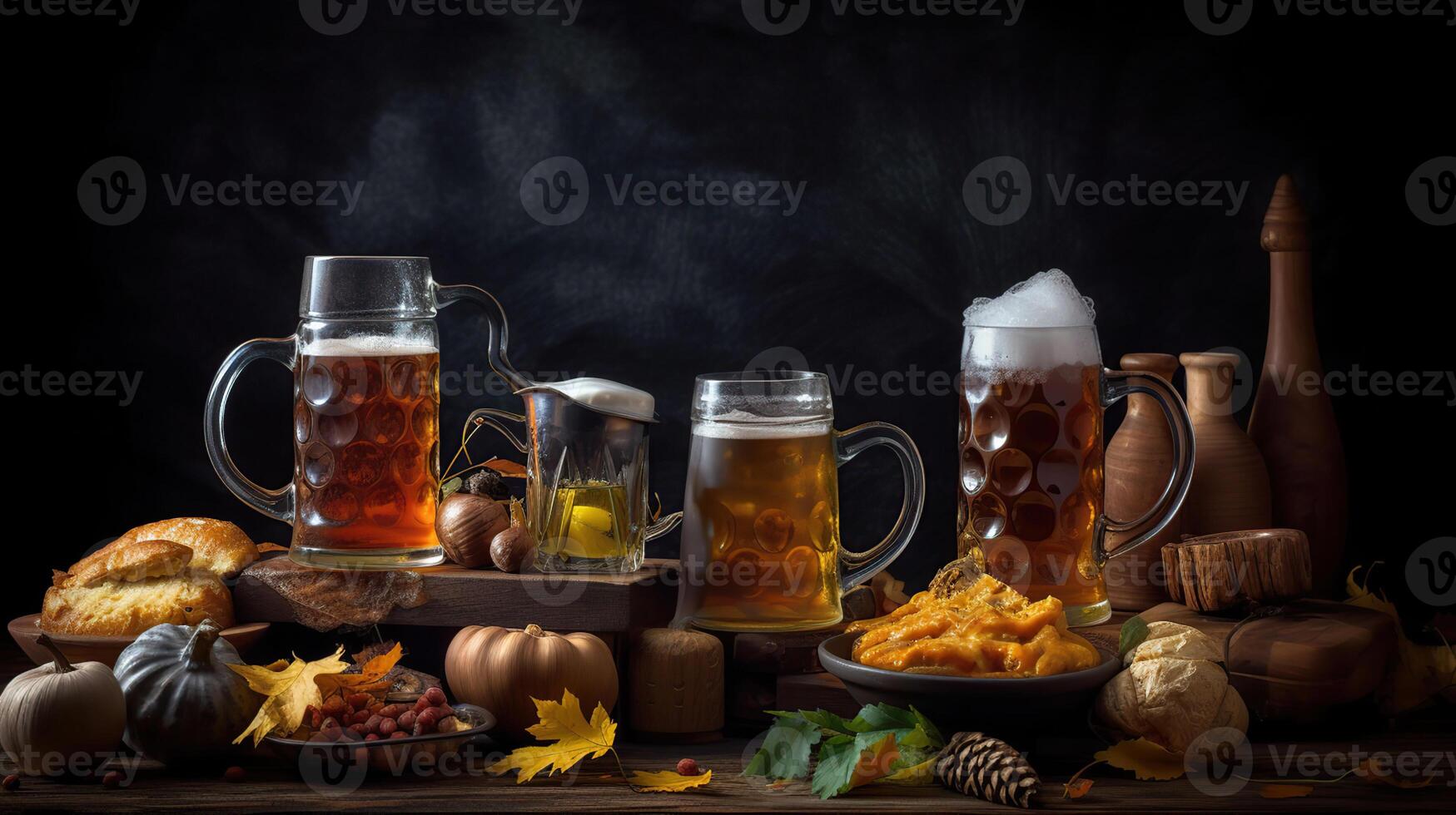 Mugs of fresh beer and traditional food on dark background, closeup, photo