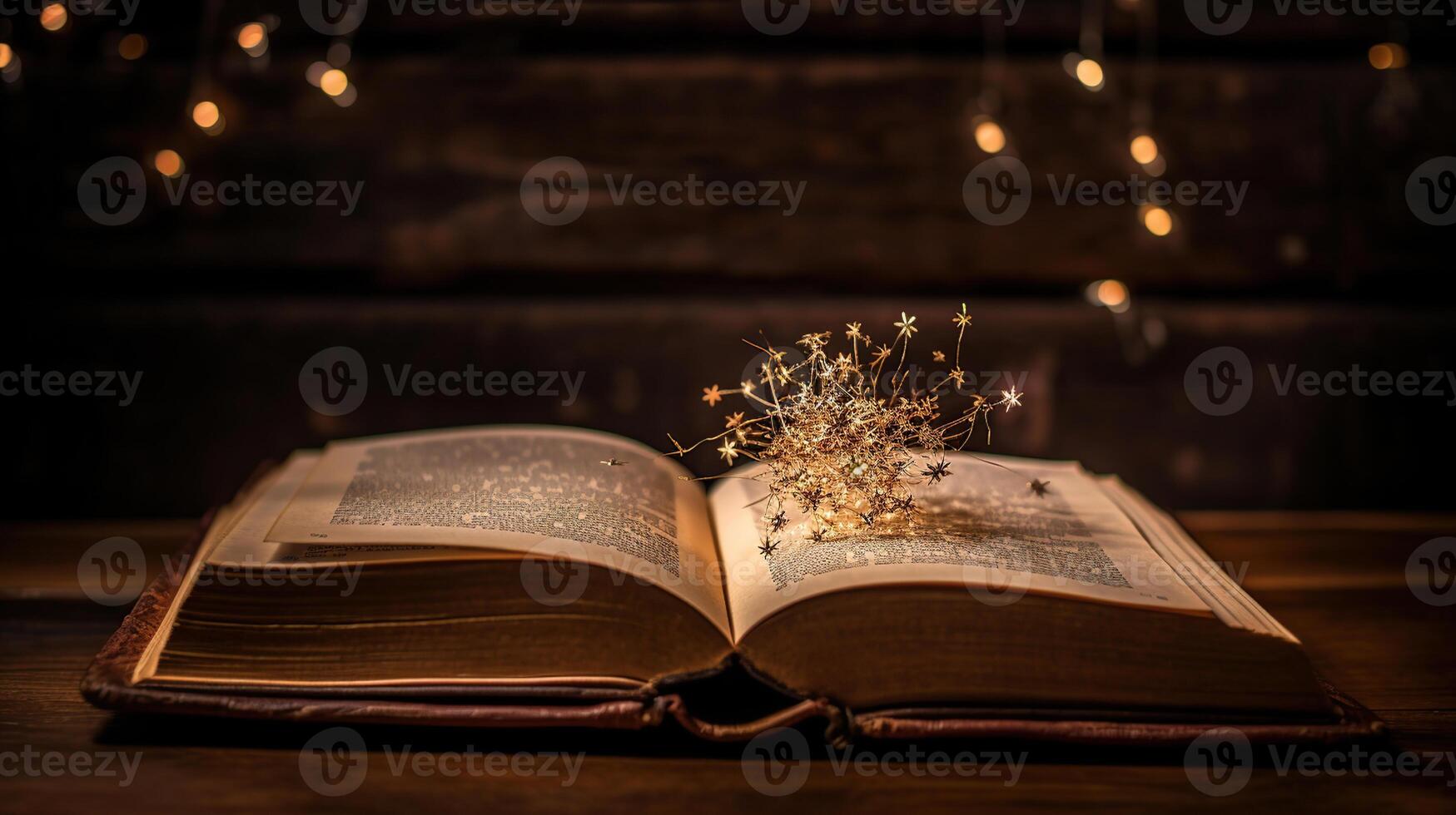 Open antique book over wooden table with glitter overlay, magical concept photo