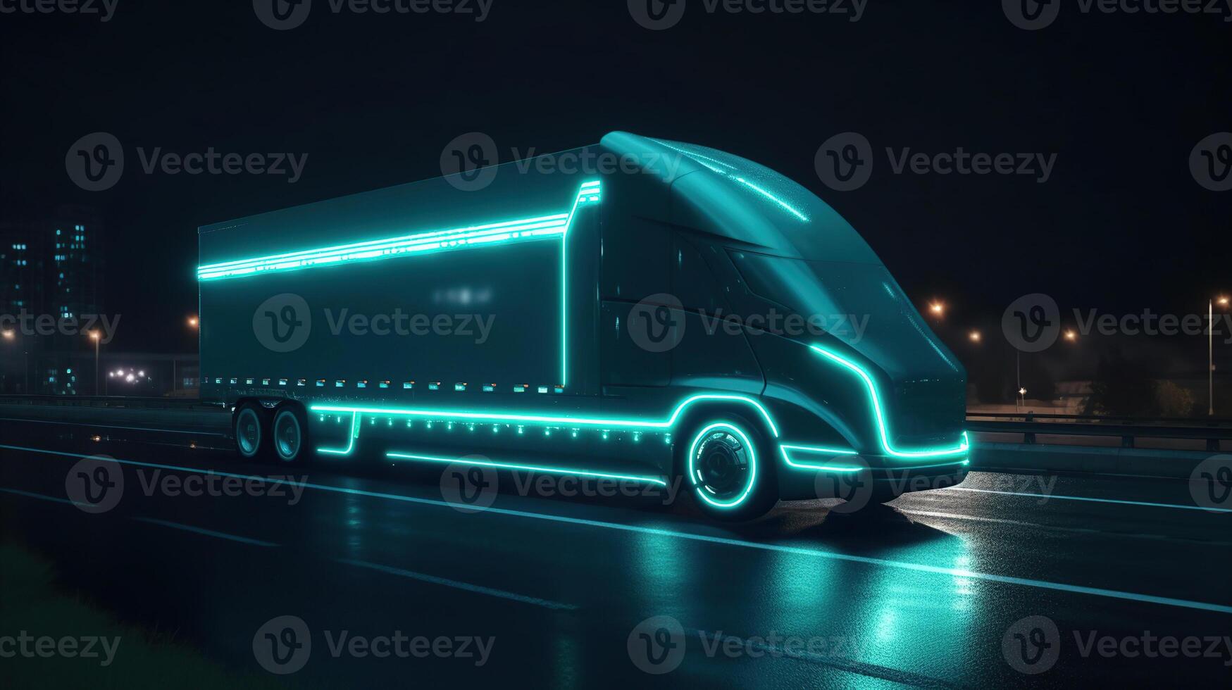 Futuristic Technology Concept, Autonomous Semi Truck with Cargo Trailer Drives at Night on the Road with Sensors Scanning Surrounding. photo
