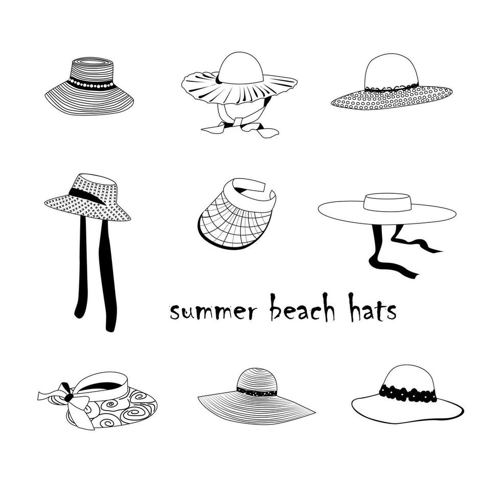 De las mujeres verano playa sombrero, sombreros para Dom proteccion en el playa. negro y blanco contorno ilustración. vector ilustración