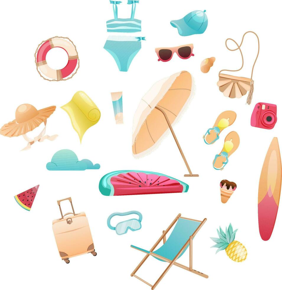 Summer bright set swimsuit, glasses, inflatable watermelon, handbag, camera, piece of watermelon, surfboard, clouds, cream, pineapple. Twisted blanket, shell. Vector illustration