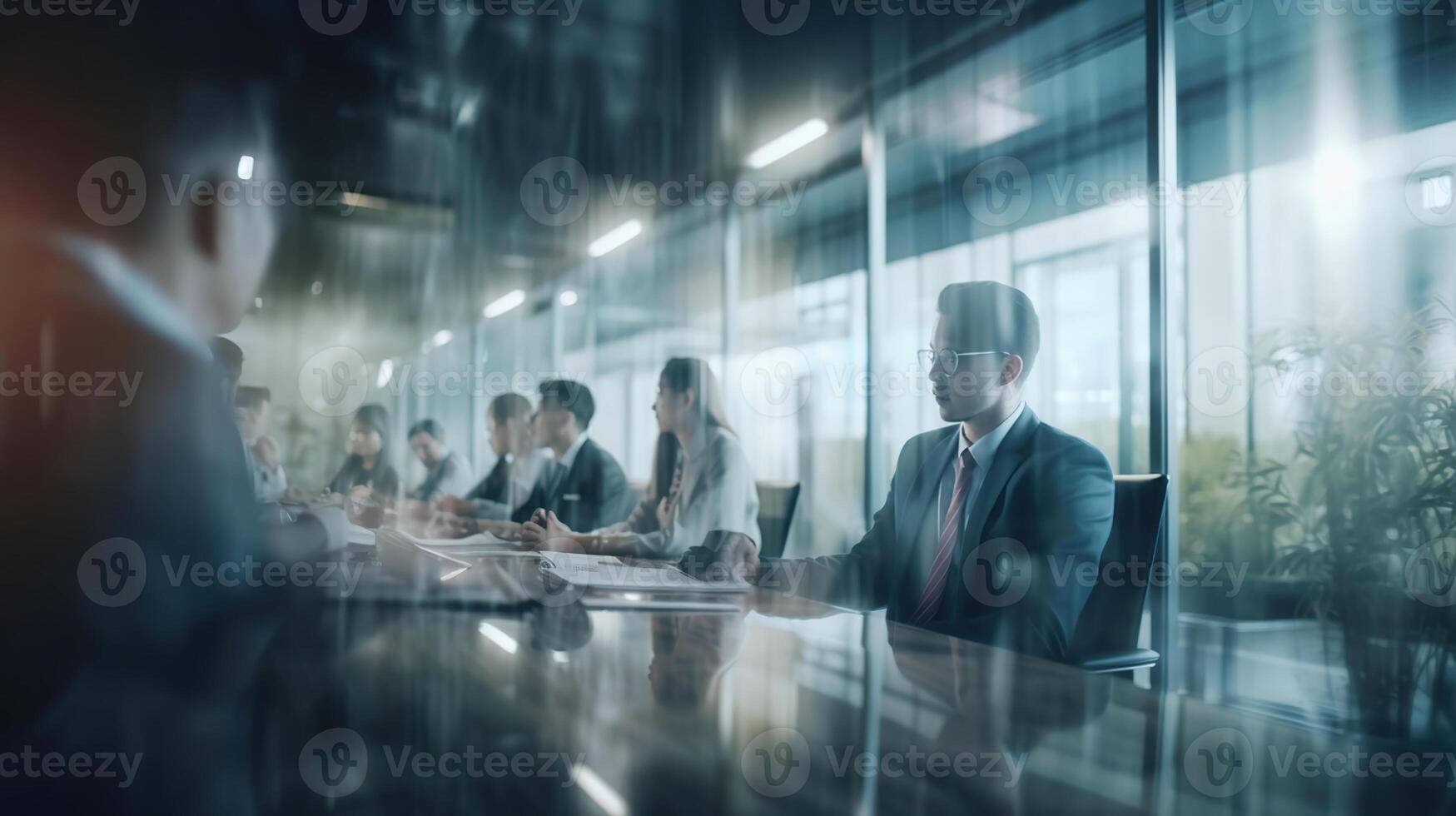 Virtual screen and colleagues at business meeting in office, photo