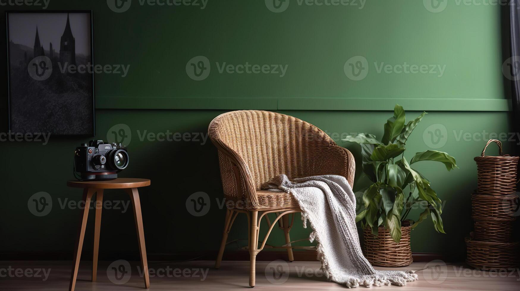 Comfortable wicker armchair with plaid and table near green wall. Banner for design, photo