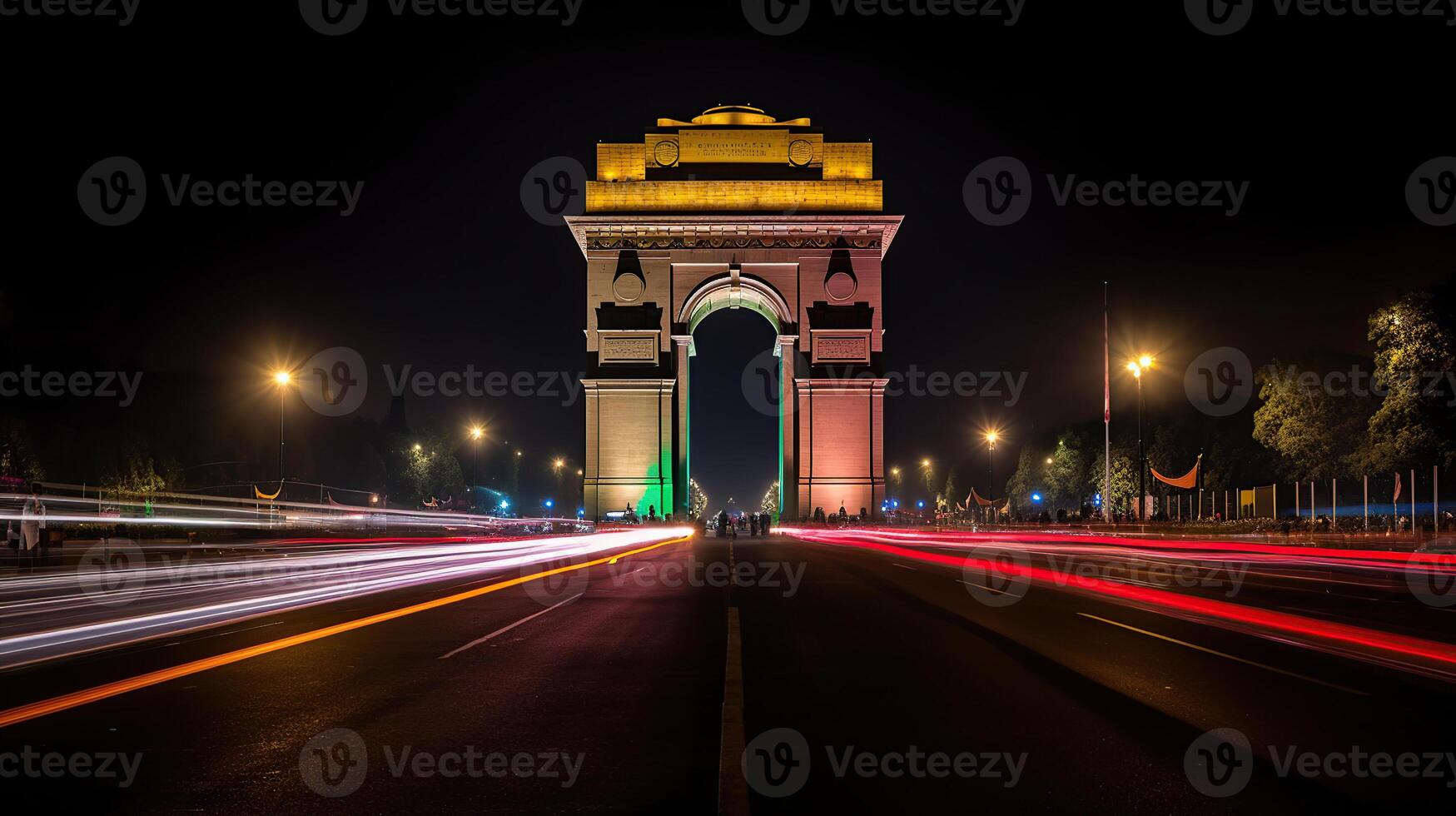 India portón a noche con multicolor luces. esta punto de referencia es uno de el principal atracciones de Delhi y un popular turista destino. generativo ai foto