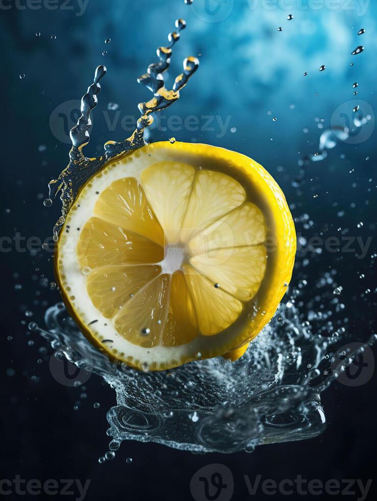 Splash of sliced lemon with water drops over blue background, photo