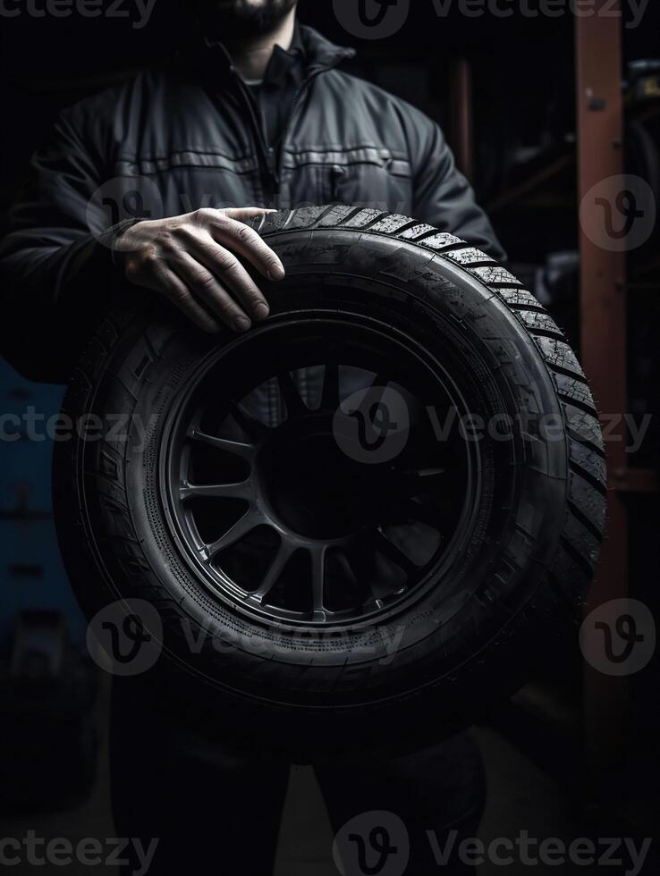 mecánico participación un neumático neumático a el reparar cochera. reemplazo de invierno y verano llantas, generativo ai foto